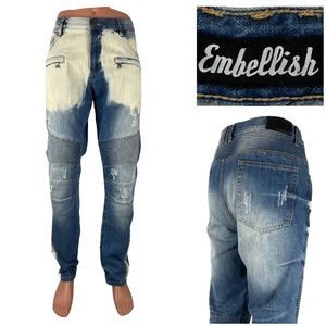Embellish Mens 38 X 33 Jeans Blue Acid Wash Biker Denim Streetwear Slim Fit EUC